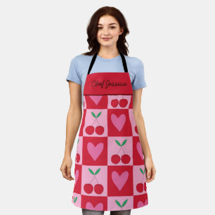 Chequered Cherries with Pink Hearts Custom Name Apron