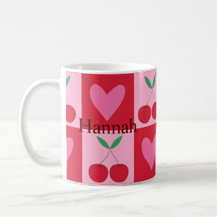 Chequered Cherries with Pink Hearts Custom Name Coffee Mug