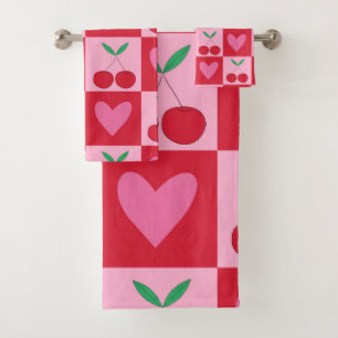 Chequered Cherries with Pink Hearts Pattern Bath Towel Set