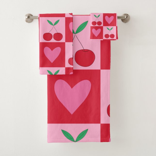 Chequered Cherries with Pink Hearts Pattern Bath Towel Set (Insitu)