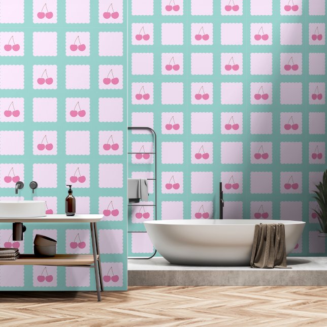 Chequered Cherry Pattern Retro Wallpaper (Bathroom)