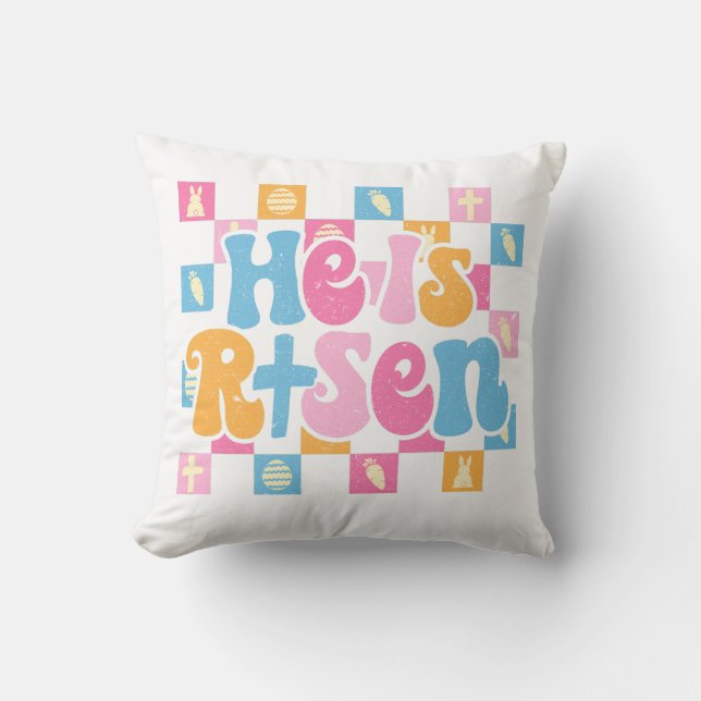 Chequered Christian Easter He is Risen Throw Pillow (Front)