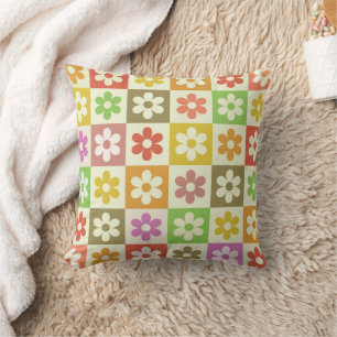 Chequered Colourful Retro Flowers Pattern  Throw Pillow