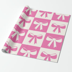 Chequered Coquette Girly Pink Bows Pattern  Wrapping Paper