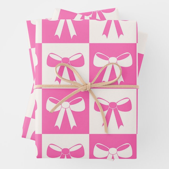 Chequered Coquette Girly Pink Bows Pattern  Wrapping Paper Sheet (In situ)