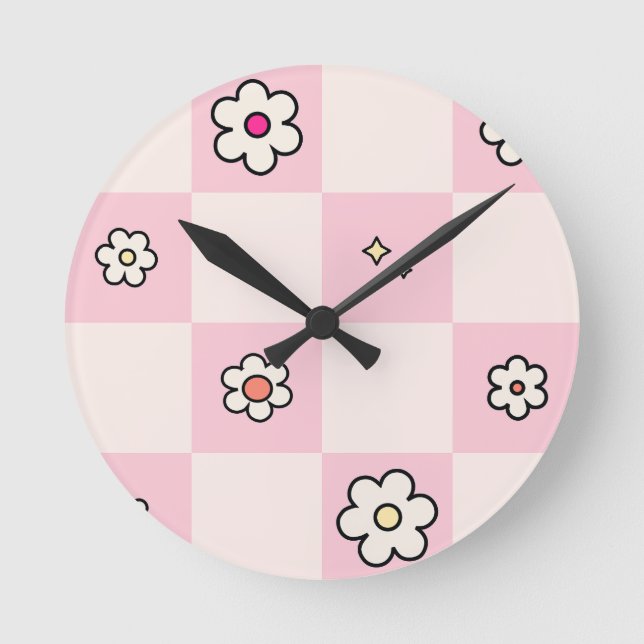 Chequered Daisies Pink Round Clock (Front)