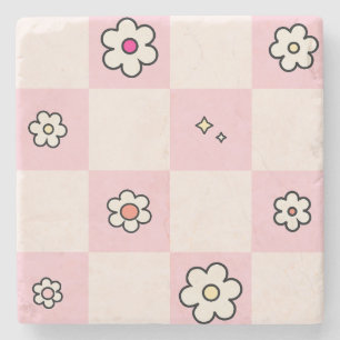 Chequered Daisies Pink Stone Coaster