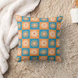 Chequered Daisy on Blue and Orange Checkerboards Throw Pillow