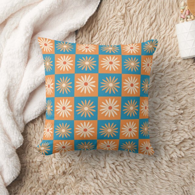 Chequered Daisy on Blue and Orange Checkerboards Throw Pillow (Blanket)