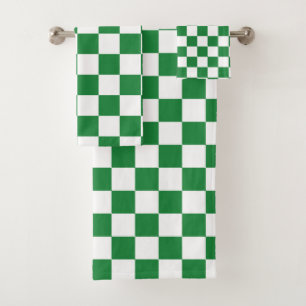 Chequered Dark Green and White Bath Towel Set