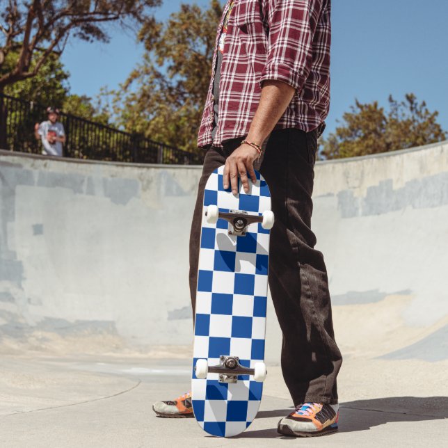 Chequered Deep Blue and White Wrapping Paper Skateboard (Outdoor 2)