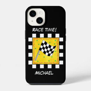 Chequered Flag Black White Racing Name Personalize iPhone 14 Case