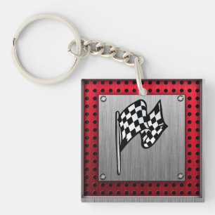 Chequered Flag; brushed aluminum look Keychain
