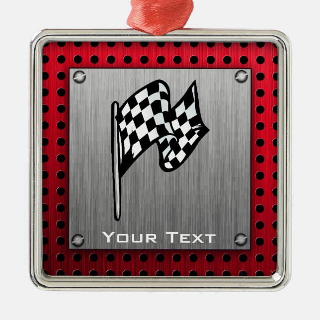 Chequered Flag; brushed aluminum look Metal Ornament (Front)