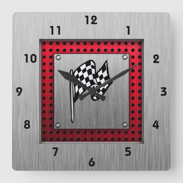 Chequered Flag; brushed aluminum look Square Wall Clock (Front)