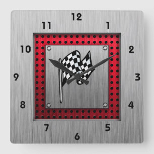 Chequered Flag; brushed aluminum look Square Wall Clock