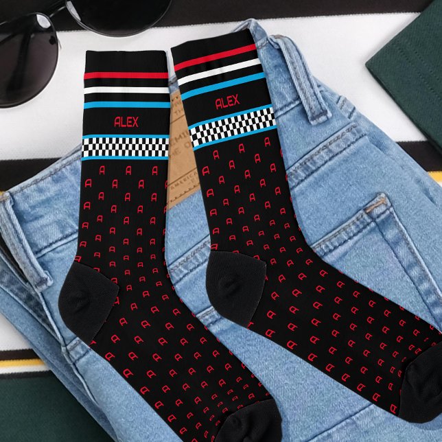 Chequered Flag Custom Monogram Name Blue Socks (Creator Uploaded)