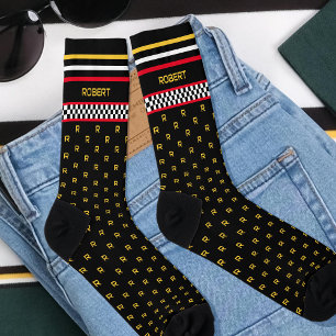 Chequered Flag Custom Monogram Name Red Socks