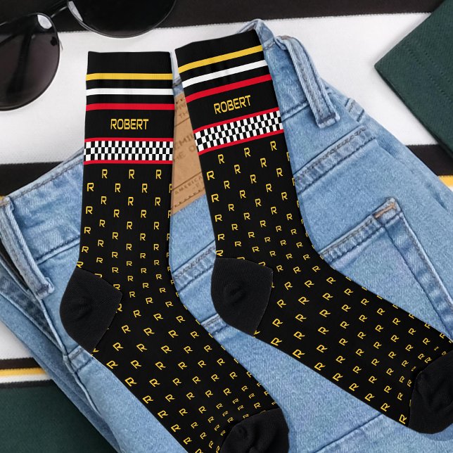 Chequered Flag Custom Monogram Name Red Socks (Creator Uploaded)