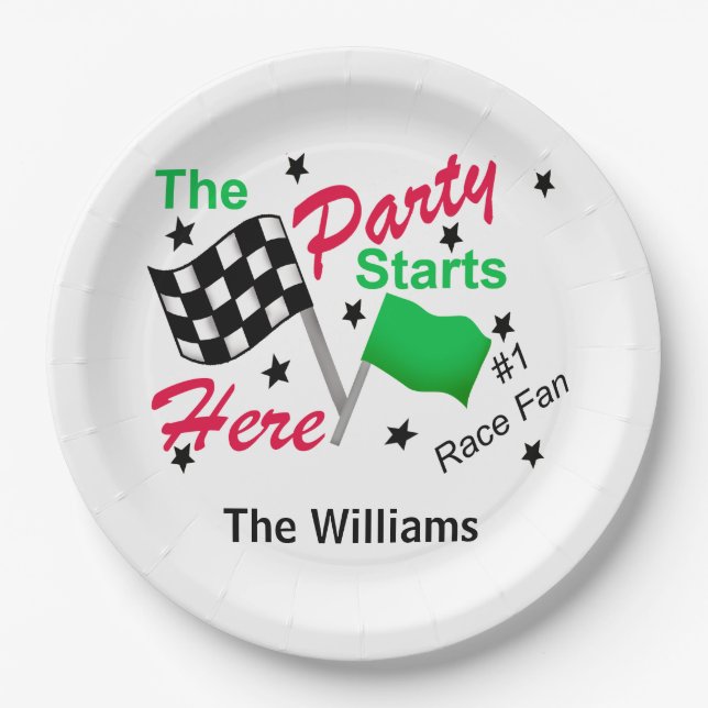 Chequered Flag Party Starts Here Name Personalized Paper Plate (Front)