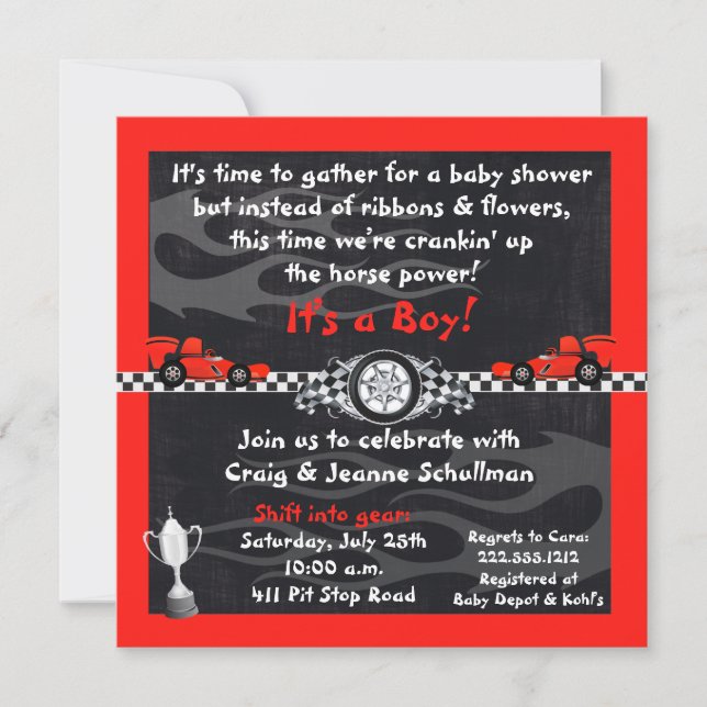 Chequered Flag Race Car Baby Shower Invitations (Front)