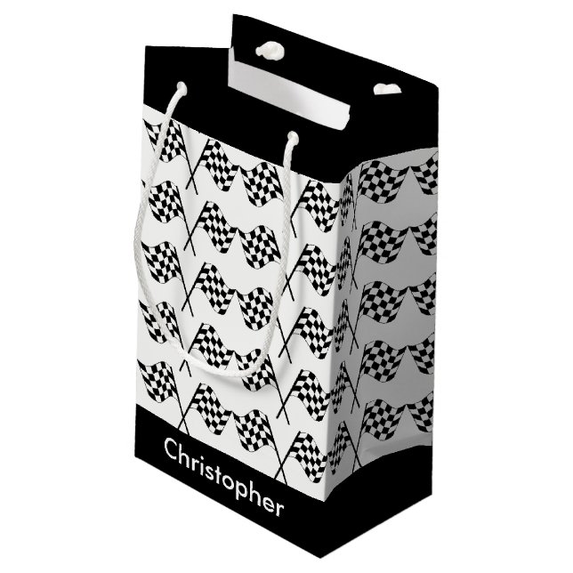 Chequered Flags Racing Personalized Small Gift Bag (Back Angled)
