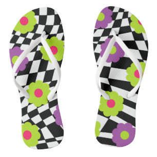 Chequered Flip Flops With MOD Style Flowers 