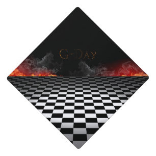 Chequered Floor and Flames on a Graduation Cap Topper