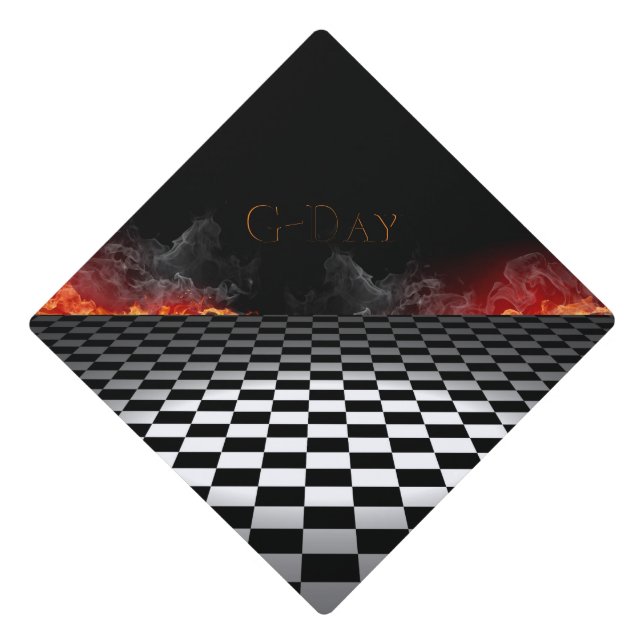 Chequered Floor and Flames on a Graduation Cap Topper (Front)