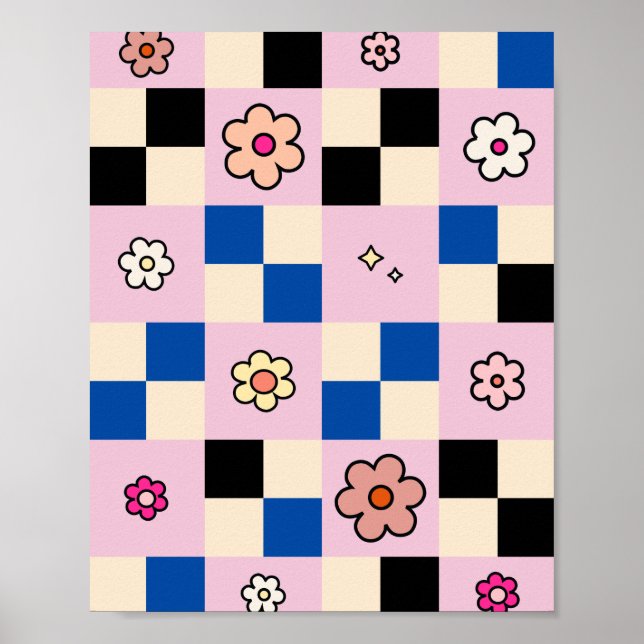 Chequered Flower Colourful Check Pattern Pink Blue Poster (Front)