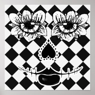 Chequered Flower Face   Black and White Surreal Ar Poster