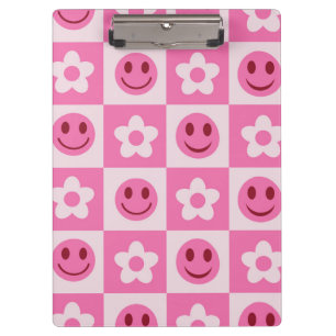 Chequered flowers and happy faces pink  clipboard