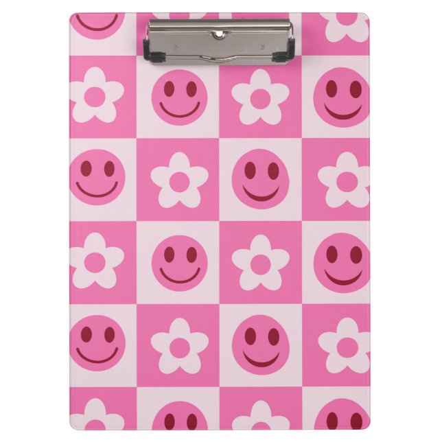 Chequered flowers and happy faces pink  clipboard (Front)