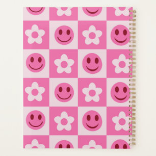 Chequered flowers and happy faces pink  planner
