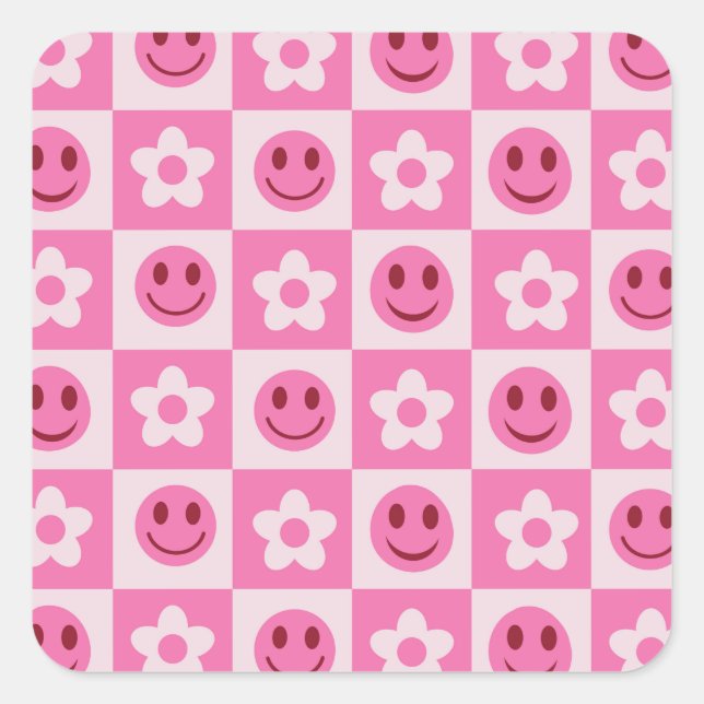 Chequered flowers and happy faces pink    square sticker (Front)