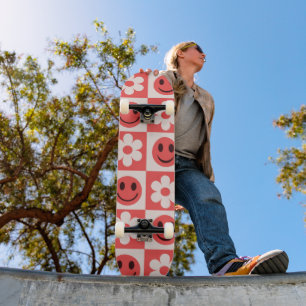 Chequered Flowers and Happy Faces Red  Skateboard
