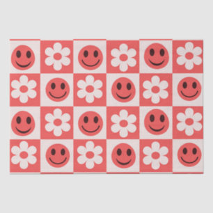 Chequered Flowers and Happy Faces Red Tissue Paper