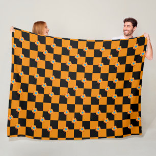 Chequered flowers orange and black fleece blanket