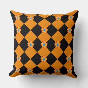 Chequered flowers orange and black throw pillow