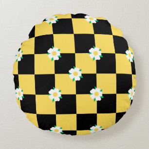 Chequered flowers yellow white and black round pillow