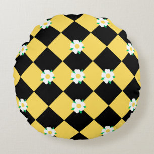 Chequered flowers yellow white and black round pillow