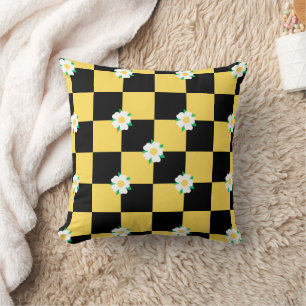 Chequered flowers yellow white and black throw pillow