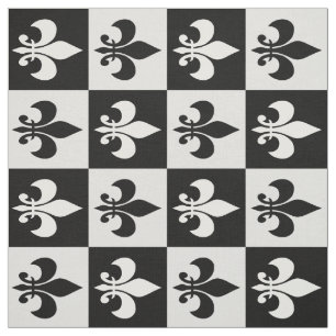Chequered Geometric Black White Fleur-de-lis  Fabric