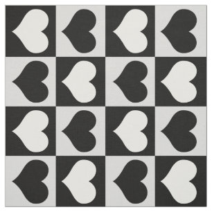 Chequered Geometric Black White Hearts Fabric
