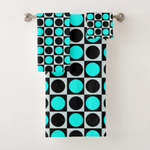 Chequered Geometric Blue Black Circle Polka Dots Bath Towel Set