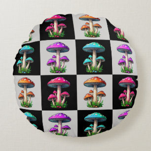 Chequered Geometric Mushroom Round Pillow