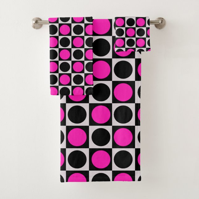 Chequered Geometric Pink Black Circle Polka Dots  Bath Towel Set (Insitu)