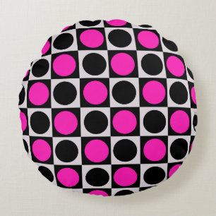 Chequered Geometric Pink Black Circle Polka Dots Round Pillow