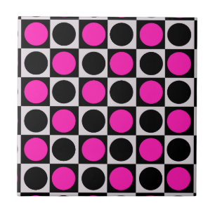 Chequered Geometric Pink Black Circle Polka Dots  Tile