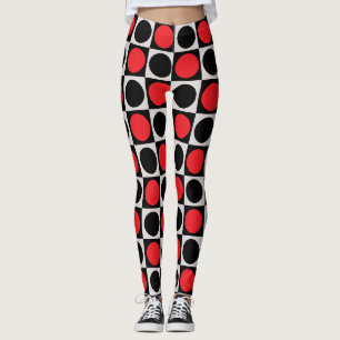 Chequered Geometric Red Black Circle Polka Dots  Leggings